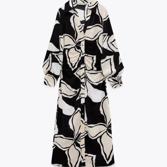 ZARA BLOGGER FAVORITE FLORAL PRINT SHIRT DRESS ECRU / BLACK 2298/085